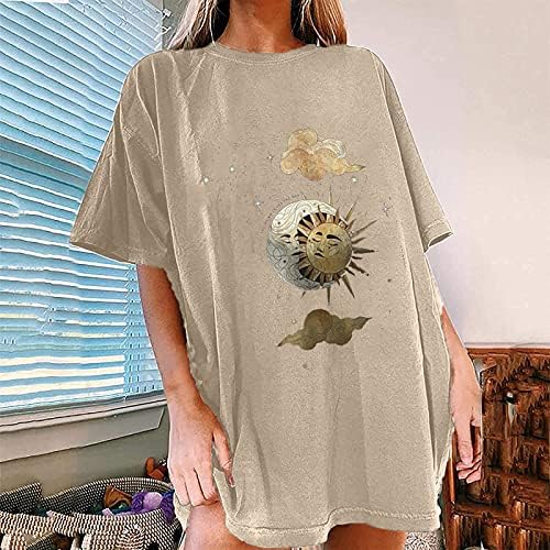 Женска тениска с изображение на Слънцето и Луната, Свободна Тениска Оверсайз с Графичен Принтом, Върхове С кръгло деколте и Къс Ръкав,