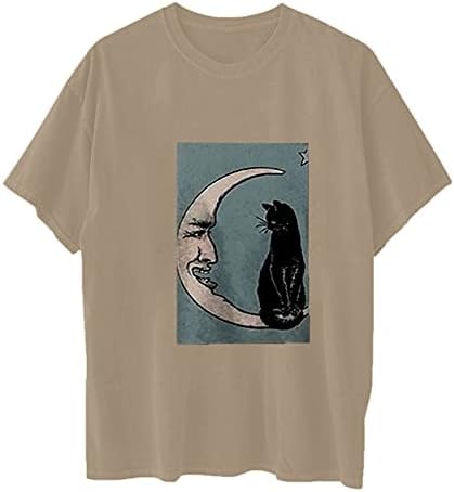 Женска тениска с изображение на Слънцето и Луната, Свободна Тениска Оверсайз с Графичен Принтом, Върхове С кръгло деколте и Къс