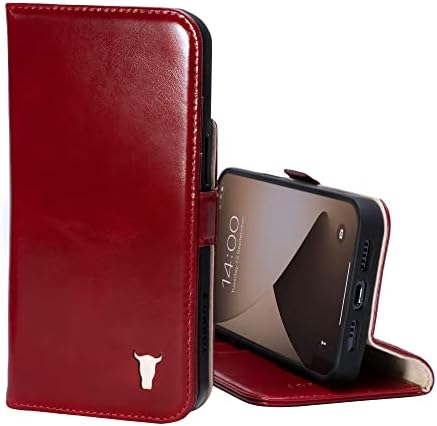 Кожен калъф TORRO, съвместим с iPhone 14 Plus – Чанта-портфейл от естествена кожа с държач за карти и функция за стойка (черен)