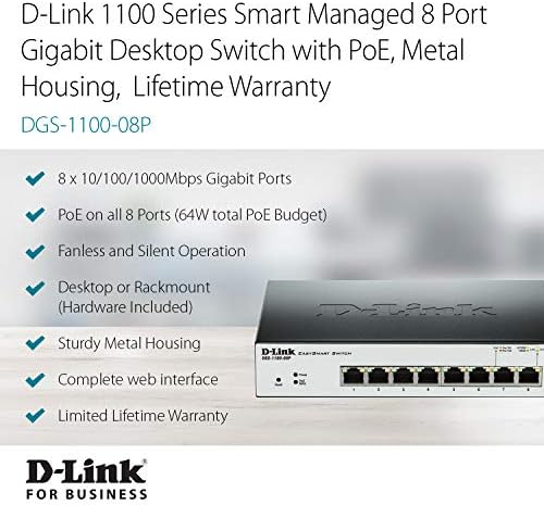 Комутатор D-Link Ethernet PoE, 8 порта, просто Интелигентна Контролирана мрежа, Гигабитная безжична мрежа за Интернет, Десктоп планина (DGS-1100-08P)