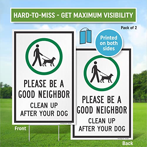 SmartSign 12 x 18 (комплект от 2 теми) Табела Бъди добър съсед, убирай за кучето си в двора на с тояги, Двустранно, Големи знаци за тревни