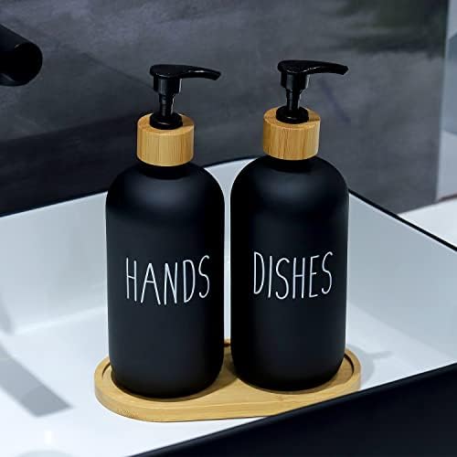 Стъклен Комплект за сапун за кухня с Тава - Опаковка Сапун за ръце и съдове за Кухненска мивка - Стъклена Опаковка сапун - Модерен Интериор