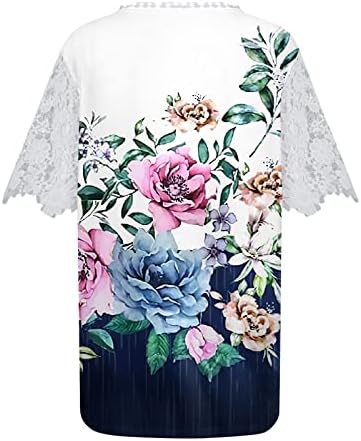 Блузи с Флорални Принтом за Жени, Възли на една Кука С Дантелен Завършек, Тениски с Къс Ръкав и V-образно Деколте, Ежедневни Свободни