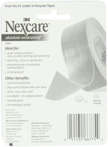 Абсолютно водоустойчива лента за първа помощ Nexcare, ролка с размери 1 инч х 5 ярда (опаковка от 4 броя)