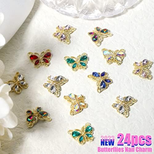 qiipii 24 бр Окачване-пеперуди за нокти 3D Пеперуди и Кристали за нокти Големи Скъпоценни Камъни за нокти 6 Цвята Мил Crystal