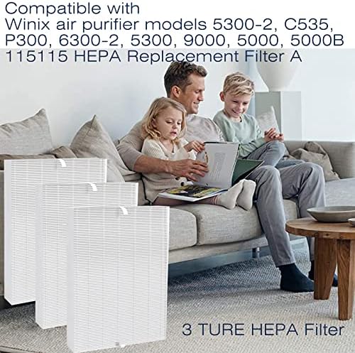 Заменяеми филтър Allisfresh 115115 Size 21 True HEPA, съвместим с почистване на въздуха Winix 115115 PlasmaWave C535 C909, 5300, 6300, 5300-2, P300 и Fellowes 290 300 DX95, 3 комплекта HEPA-филтър