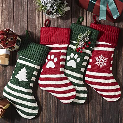Crochet Коледни Чорапи BOELRY с джоб, 19 Коледен Отглеждане на съвсем малък Голям Размер с бирками, Чорапи за захващане към Камина, Чорапи за семейна декор, 4 опаковки