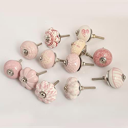 Комплект от 12 керамични дръжки премиум качество - Комбинация от бяло и розово на цветя, Керамични Дръжки за вратите на гардероба, чекмеджета