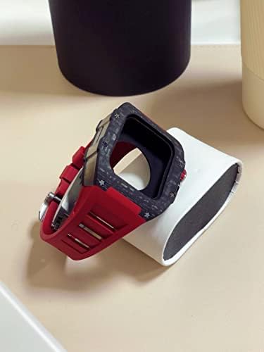 BHOLSA Нов комплект модификация на Apple Watch Серия 7 Метален корпус 45 мм + силикон каишка За iWatch 44 SE 6 5 4 Седалките са изработени от въглеродни влакна, каишка от каучук (Цвят: