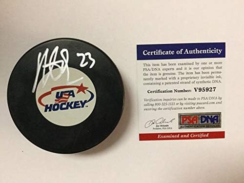 Дъстин Браун подписа хокей шайба с автограф на националния отбор на САЩ PSA/DNA COA Kings b - за Миене на НХЛ с автограф