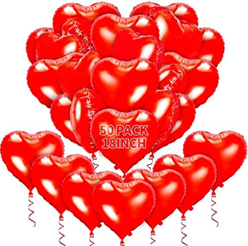 Балони с червени Сърца - 50шт 18-инчов Балон със Сърца от фолио, Балони за Деня на Свети Валентин, Комплект за украса на стаята, Подпори