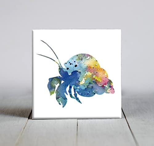 Декоративни плочки Рак-отшелник, синята абстрактна акварел, художествена (6 X 6 в рамка)