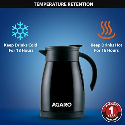 Вакуум чайник AGARO Самочувствието от неръждаема стомана, колба 1000 мл, двойна изолация с капак във формата на чаша, за защита от течове и ръжда, топла и студена до 20 час