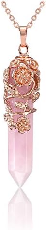 PESOENTH Crystal Розов Кварц Изцеляваща Колие с Окачване за Жени, Ретро Цвете от Розово Злато, Увити Розов Шестиугольным на Скъпоценния