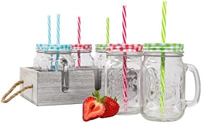 Чаши за пиене в стъклен буркан с дръжки и разноцветни соломинками за еднократна употреба (6 опаковки по 16 грама всяка) Включва дървен поднос