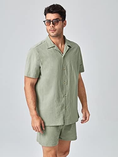 FDSUFDY Комплект дрехи от две части за мъже, однотонная риза и къси панталони с джобове отпред, Комплект (Цвят: мятно-зелен,