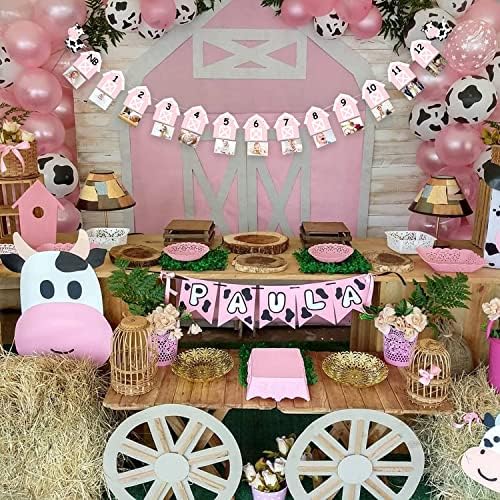 Банер с изображение на крава, на 12 месеца, украса за парти в чест на 1-ви рожден ден, една торта, розово селска къща, животни, фото-фон,