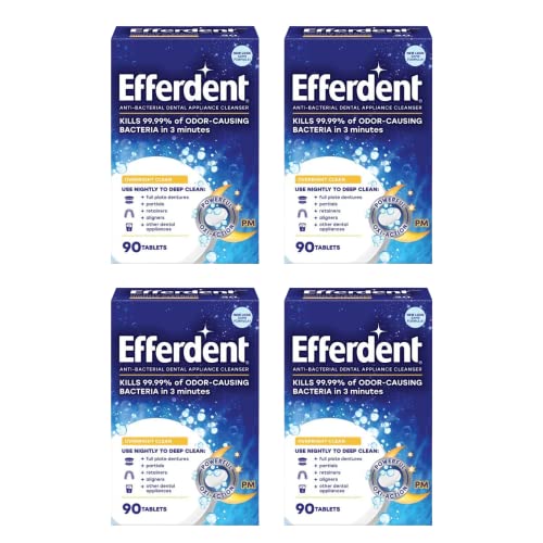 Efferdent PM Хапчета за нощно Антибактериални средства за почистване на зъбни протези за 90 карата. (Опаковка от 4 броя)