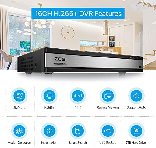 16-канална система за видеонаблюдение ZOSI H. 265 + 1080p, 16-канален Рекордер с твърд диск 2 TB и при всякакви метеорологични условия камера за видеонаблюдение 16x1080 P за външна