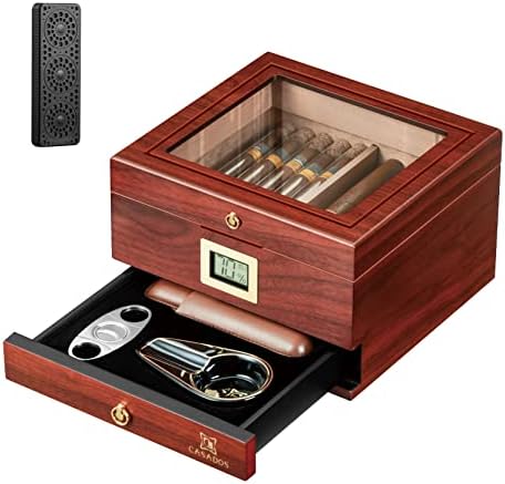 Кутия за пури humidor CASADOS, Портсигар от испански кедър ръчна работа с акрил капак, цифрово Гигрометром, Влагозадържащ на въздуха и чекмедже за аксесоари (с 25-50 пури)