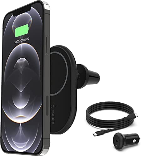 Безжично зарядно Belkin MagSafe 2 в 1, поставка за бързо зареждане на iPhone с мощност 15 W и е Съвместимо с MagSafe Магнитен планина За зареждане на мобилен телефон, държач за мобил