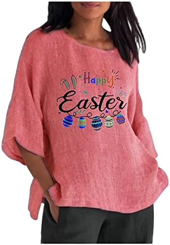 Честит Великден, Ризи за Жени, Памучни и Ленени Блузи с 3/4 ръкав и кръгло деколте, Ежедневни тениски с Принтом, Блуза