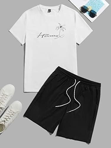 Мъжко облекло от две части, Мъжка тениска с писмото шарени и къси панталони с завязками на талията (Цвят: черно-бял, Размер: