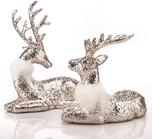 Коледен Елен Празнични Фигурки на Елени, Разположена Седи Златни Блестящи Вътрешни Декоративни Коледни Украси за Десктоп Рафтове
