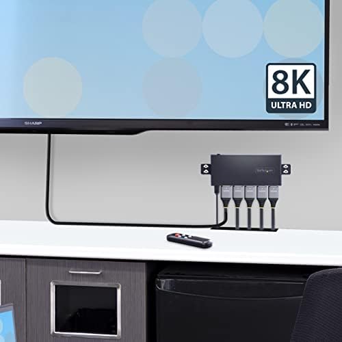 StarTech.com 4-Портов превключвател, 8K HDMI, HDMI превключвател 2.1 4K 120Hz HDR10 +, 8K 60Hz UHD, превключете на HDMI 4 в 1 изхода, автоматично / ръчно превключване на източника, адаптер за захр