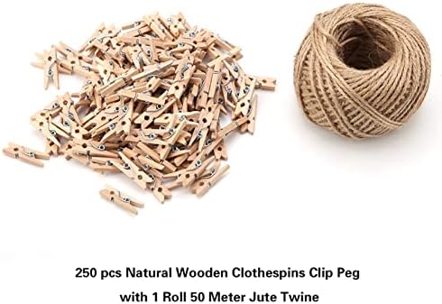 250шт Мини-клечки за дрехи от Естествена Дървесина Скоба с 1 Рулоном 50-Метров Джутового Канапи за Фотостены и Diy