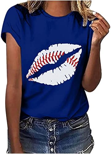 Женска Тениска с Къс Ръкав, Забавни Устни, Графична Бейзболна Туника за Мама, Блузи, Лятна Подарък Риза с Кръгло Деколте за Мама
