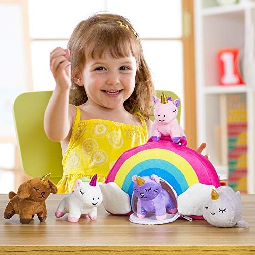 Мека играчка Комплект животно Еднорог – Набор от 5 играчки за деца - с Дъгова чанта за пренасяне - 2 Еднорог, Коте, Кученце и Нарвал – Подаръци