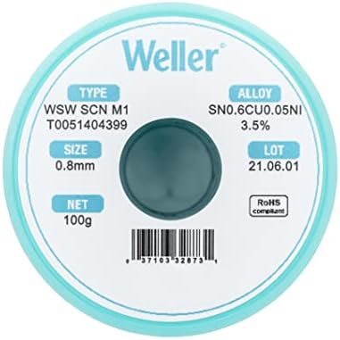 Поялната тел Weller WSW SCN M1 (T0051404399) без съдържание на олово, Диаметър: 0,8 мм / 0,039 инча, Тегло: 100 г / 3,527 унция, Рафтинг