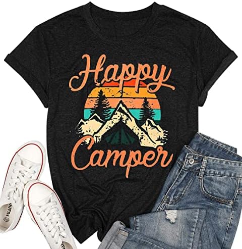 Дамски Летни Блузи Happy Camper, Риза за Жени, Забавно Графична Тениска с Къс Ръкав и Писмото Принтом, Ежедневни Тениски