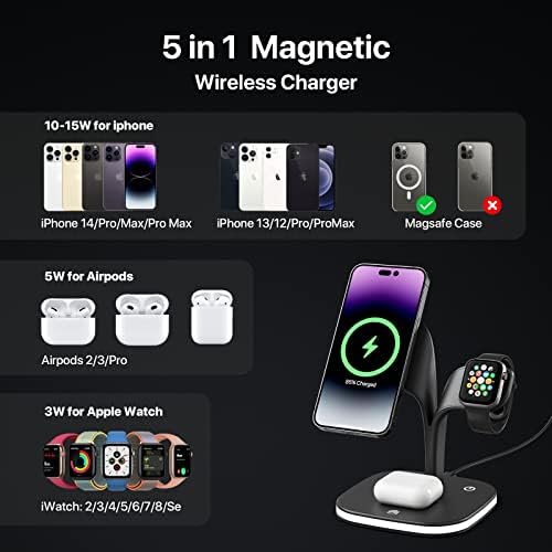 Безжична зарядно устройство Greenlemon Mag Safe Charger Station 3 в 1 за Apple с led и адаптер, Десктоп Магнитно Зарядно устройство за iPhone 14,13,12 Pro/Max/Mini/ Plus, Гледай 8/7/6/ SE / 5/4, Airpods 3/2/Pro