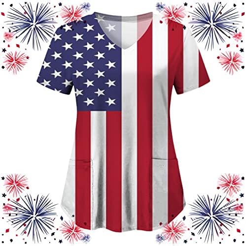 Дамски тениски на 4 юли с Флага на сащ, Лятна Тениска с Къс ръкав и V-образно деколте и 2 Джобове, Забавна Празнична Ежедневни работни Дрехи