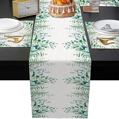 Настолна пътека, и кърпички от евкалипт, комплект от 6 салфетки с Зелени листа в стил Бохо, Пролетни Диви цветя, Декор на масата за хранене,