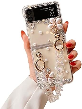 Калъф Shinyzone Sparkle за Samsung Galaxy Z Flip4 2022 веригата, За жени и Момичета, Сладко Чанта с Пайети, Цветя, Перли, Диаманти, Планински Кристал, 3D, Ръчно изработени, с Гривната, Каиш?