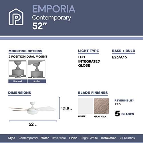 Модерен вентилатор на тавана Prominence Home 51021 Emporia с дистанционно управление, 52 инча, Бял