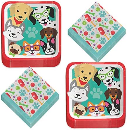 Цветен комплект за рождения Ден на кучето - Хартиени Кът чинии, Както и Салфетки, Кутията с Шарките на Лапи и набор от празнични