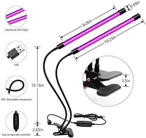 YGS-Tech led лампа, черен на цвят, с двойна глава с UV лампа с мощност 20 W с клипс, UV-лампа за гъши врата 395-405нм се захранва от USB