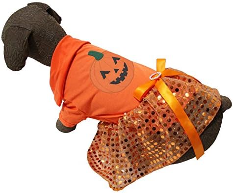 Облекло за кутрета Petitebella, Рокля за кучета, Оранжев цвят в памучна Тениска с пайети, Пакетче (Голяма)