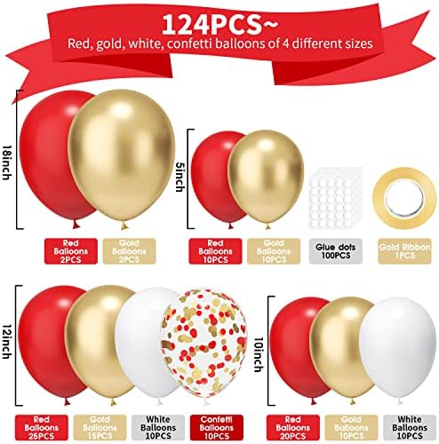 ZOPIBAICO Червено-Бялата Златна Гирлянда от Балони, комплект за Арх - 124 бр 18 12 10 5 инча, Червено-Бял Металик, Хром, Злато и Конфети от Червено Злато, Латексови балони за Рож