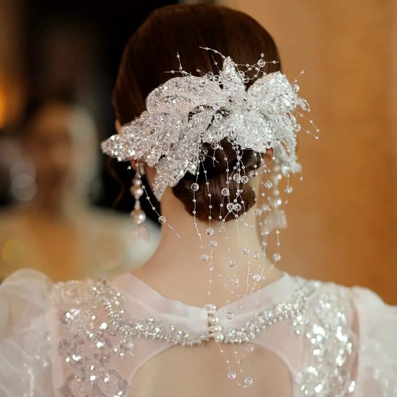 FZZDP Корейски дантела и пайети сватбени фиби за коса Красива Джокерная кристален пискюл сватбени аксесоари за коса