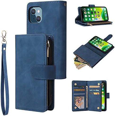 Чанта-портфейл UEEBAI за iPhone 14 6,1 инча, Реколта чанта от изкуствена кожа Премиум-клас с магнитна закопчалка, Джоб с цип, Поставка