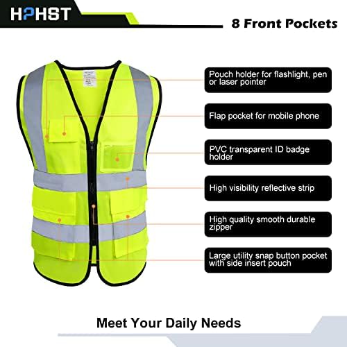 HPHST 5 Джобове, Отразяваща Жилетка за Безопасност повишена видимост, цип Отпред, Отговаря на стандартите на ANSI / ISEA Жълт