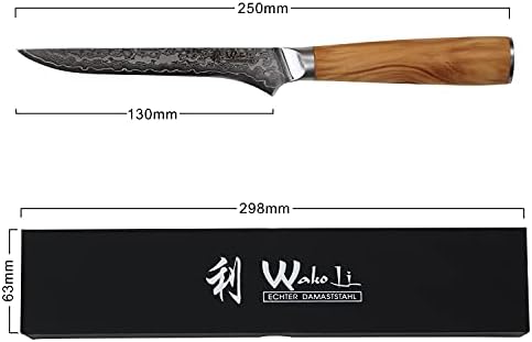 Острието 5,5-инчов обвалочного ножа Wakoli Damascus изключително остро от 67 наслояване на този японски дамаск с дръжка от маслиново дърво,