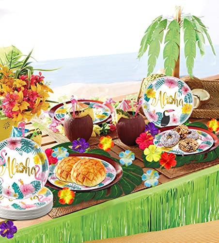 Комплект украси за партита в хавайски стил Luau - Хавайски еднократни чинии и салфетки с цветове на хибискус и листа монстеры за