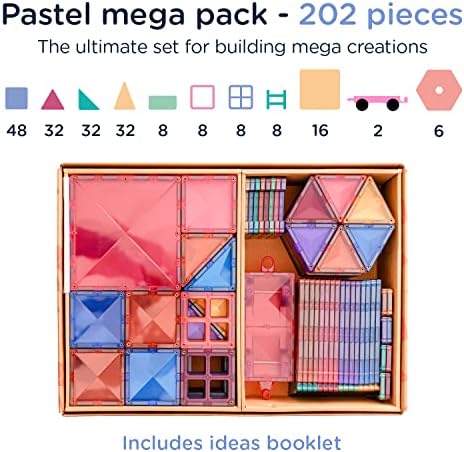 Комплект от 202 броя пастелни плочки Connetix Mega Pack, Развивающий Магнитен конструктор с големи шестиугольниками и Квадрати, Правилни геометрични плочи, елементи за врат