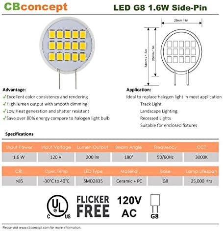 Двухконтактная led лампа CBConcept G8, включена в списъка на UL, Топъл бял 3000 ДО AC120V 1,6 W, еквивалент на 20 Вата, Керамика,
